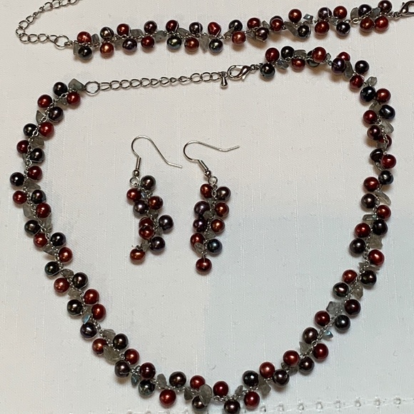 Crimson & Gunmetal Freshwater Pearl Set - Picture 1 of 6